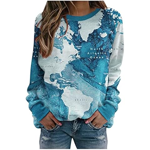 Womens World Map Pullover Casual Long Sleeve Jumpers Lightweight Sweatshirt (White,M) Cover