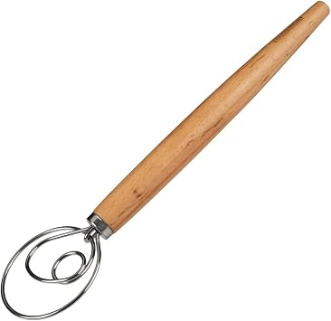 Fackelmann Dough Stirrer for Pasta, Focaccia and Dough, Whisk for Airy Doughs, Danish Whisk with Ergonomic Beech Wood Handle, Silver/Brown