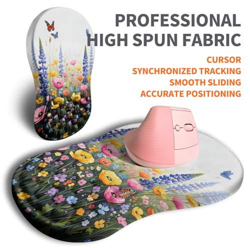 Image of Ergonomic Joint Wrist Support Mouse Pad with Memory Foam Cushion Massage Bump, Carpal Tunnel Pain Relief Mousepad Slope Design for Wrist Rest, 11.8x7.9 in, Wild Flower