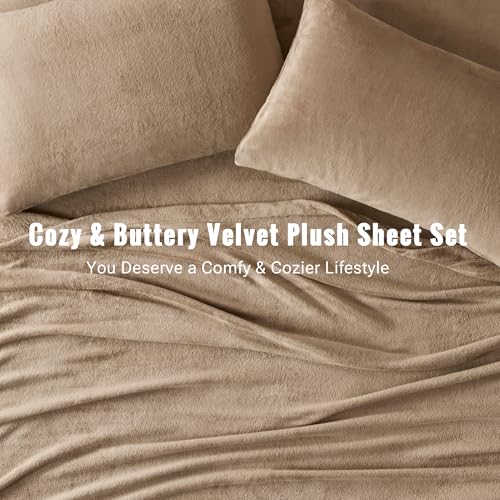 Image of True North by Sleep Philosophy Plush Sheet Set Queen, Solid Color, Warm & Soft Bedding Queen Size Sheets, Fitted Pocket Fits Up to 16 inch Mattress, Soloft, Queen Taupe 4 Piece