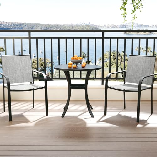 Image of Anmutig 3-Piece Outdoor Dining Set, Small Metal Bistro Table with 2 Stackable Sling Chairs, 27.5 x 27.5 Inch Round Table, Grey Fabric