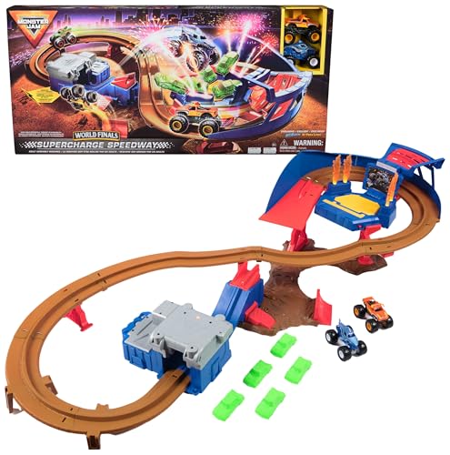 Monster Jam, Supercharge Speedway Playset, Megalodon and El Toro Loco Die-Cast Monster Trucks, Light Up World Finals Track Kids Toys for Boys Ages 3 and Up by Monster Jam - Used condition - US$45.81