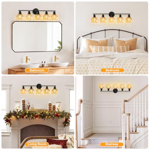 Image of Bathroom Light Fixtures, 5-Light Brushed Black Vanity Lights for Bathroom with Amber Tulip Glass Shade, 30 inch Vintage Bathroom Vanity Lighting Fixtures Over Mirror for Bedroom Living Room Hallway