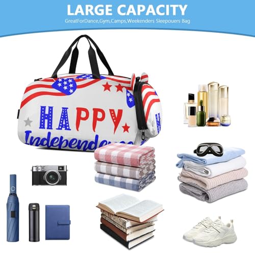 Red Blue Independence Duffle Bag for Girl, Sports Duffle Gym Bags with Shoe Compartment, Personalized Overnight Bag Travel Weekender for Kids4