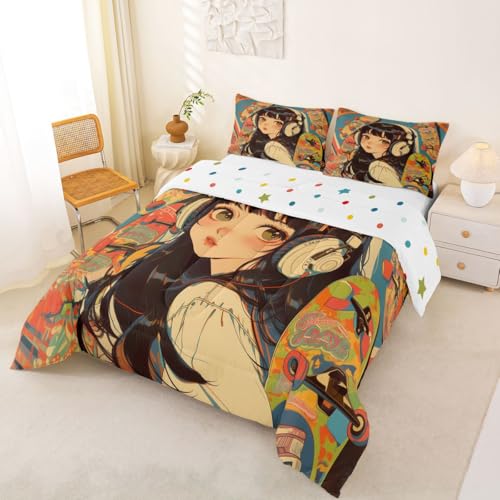 Image of Erosebridal Kids Comforter Sets Queen Size, Cool Girl with Hippie Headphone Bedding Comforter Sets, Fashion Girly Comforter Duvet Set 3D Anime Cartoon Style Teens Bedding Sets for Girls Women