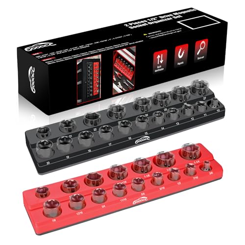 Image of GOOACC 1 /2 inch Magnetic Socket Organizer Set, 2 Pieces Metric & SAE Socket Drive Holders, 1 /2 inch Drive Socket Organizer Trays Holds 35 Standard Sockets for Tool Box