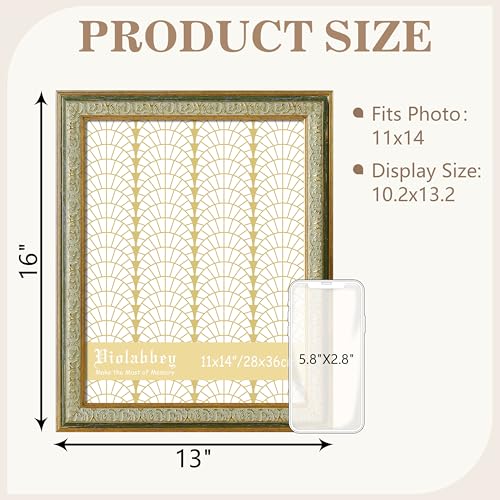 Image of VIOLABBEY 11x14 Picture Frame Green, Vintage Photo Frames Ornate without Mat for Tabletop or Wall Hanging