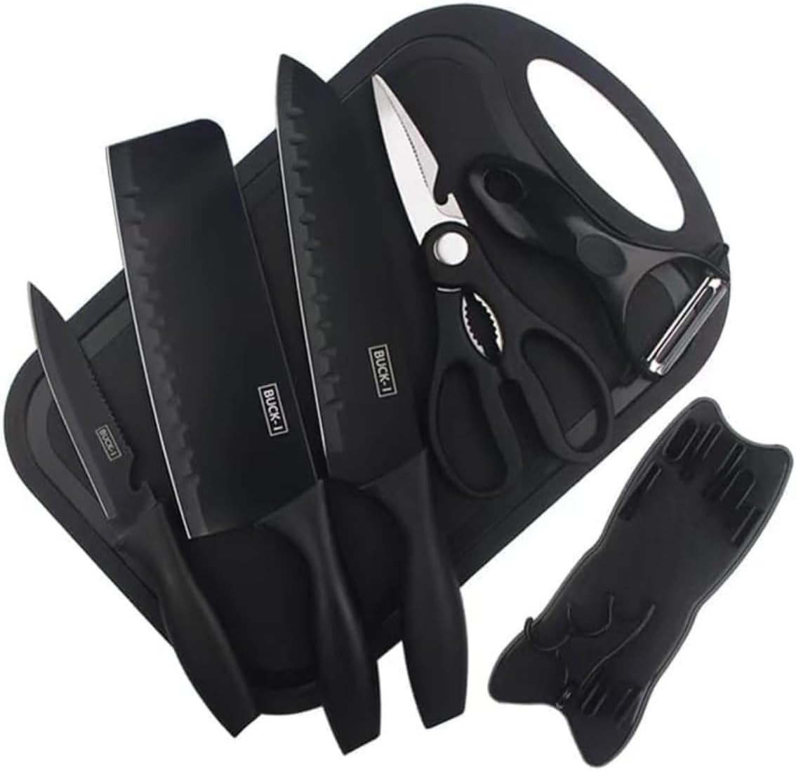 7-Piece Black Knife Set with Stand,Professional Kitchen Knife Set with Cutting Board