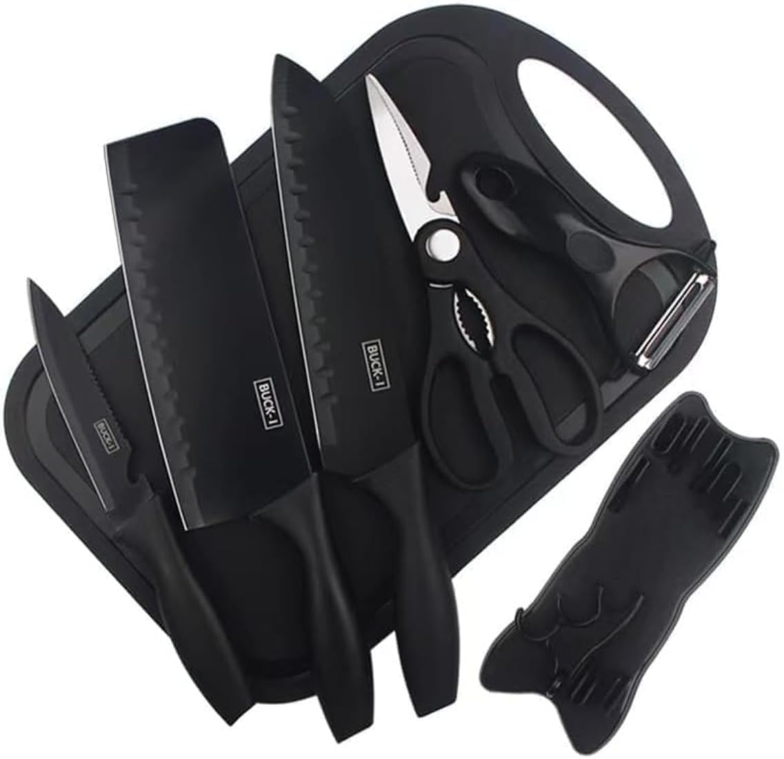 7-Piece Black Knife Set with Stand Professional Kitchen Knife Set with Cutting Board