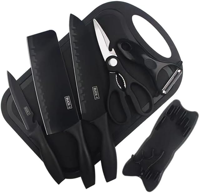 7-Piece Black Knife Set with Stand Professional Kitchen Knife Set with Cutting Board