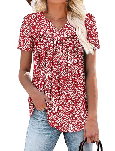 KISSMODA Tops for Womens Summer Cute Short Sleeve Shirts Trendy Notched Neck Blouses Casual Loose Pleated Tunics S-3Xl