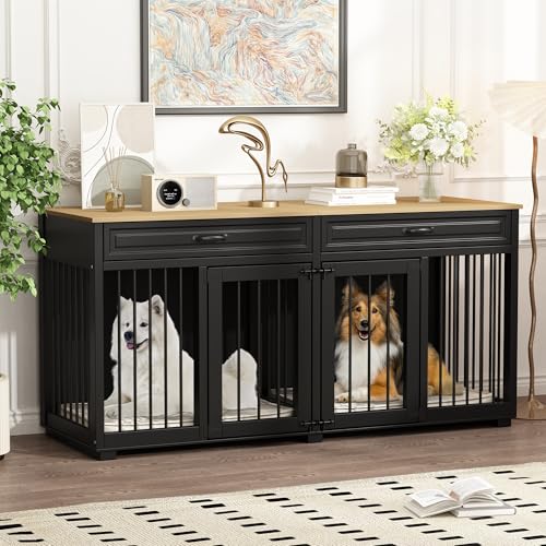 Hundekäfig für Zuhause, Eisen Hundebox,Hundebox XXL,Hundehütte Hundekiste für den Innenbereich,PB-Brett + Bügeleisen mit 2 Türen 164 x 80 x 60 cm, Metall, Schwarz + Braun
