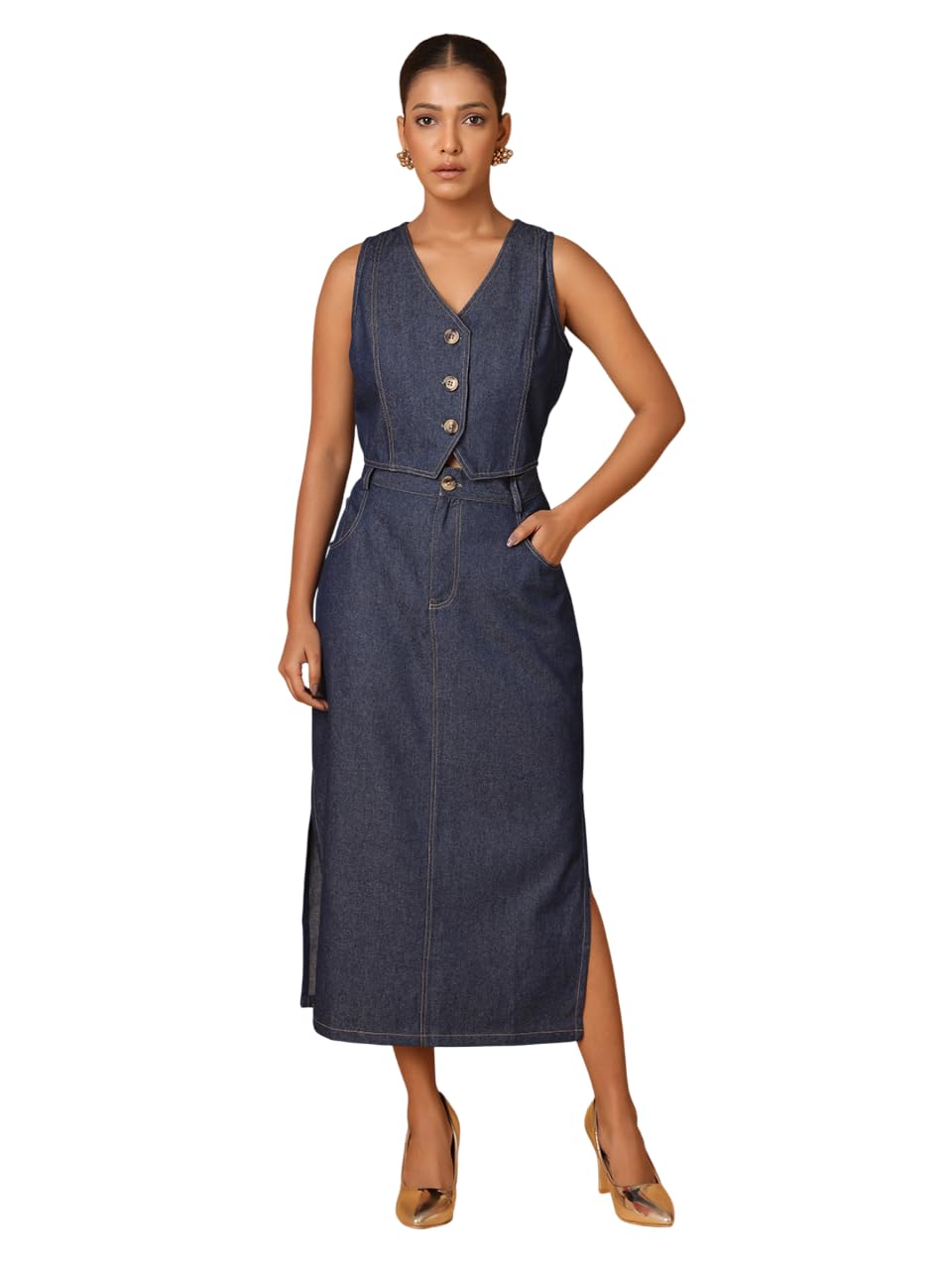 Stylish Womens Denim Solid Sleeveless V-Neck A-Line Co-ord Set | Lightweight & Breathable Fabric | Top with Skirt Set-image-37