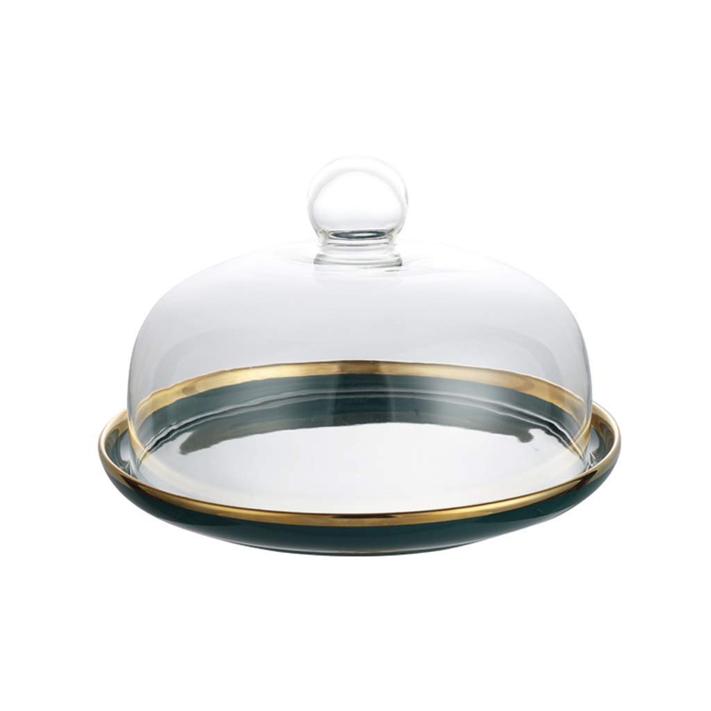 MU Soporte para tartas de cerámica verde oscuro, cúpula de cristal transparente, cubierta de polvo para pan y postre, bandeja de exhibición de té de tarde y postre, 20 cm