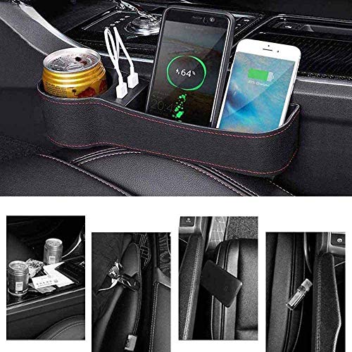 SUNMORN Car Organizer, Multifunctional with Dual USB Charging, Small Cup Holder, Leather Storage Box, Order for Passenger Side Cup Holder Facing Back (Black) - Thumbnail 7