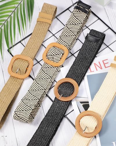 Generic 4 Pack Straw Woven Belt Elastic Stretch Rattan Waist Belt Women Skinny Raffia Dress Belt Wooden Buckle Waist Dress Band (Retro color) Large2