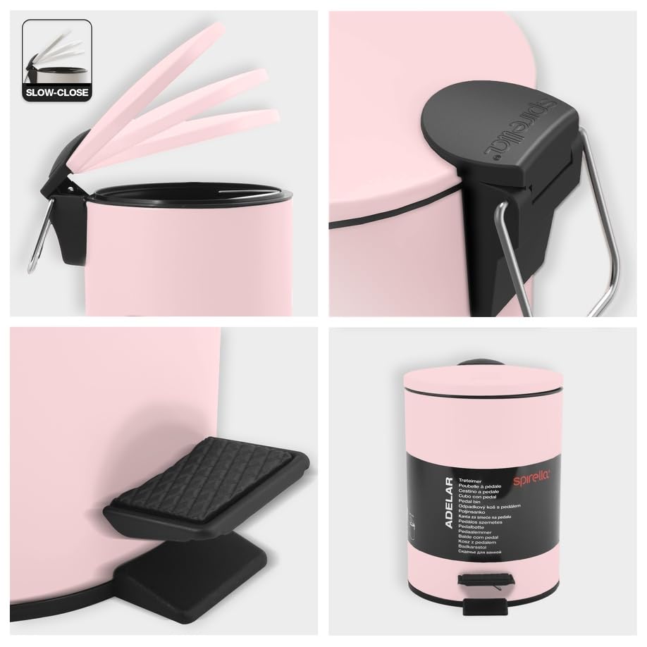 Spirella Adelar Bin 3 Litres Stainless Steel with Automatic Close and Inner Bucket, Soft Close, Matte Pink - Image 4
