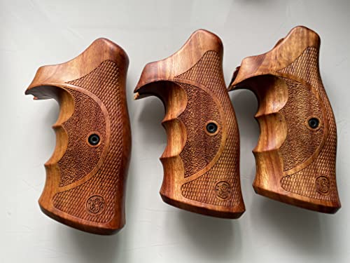 Feelsogood New! Grips Compatible With S&W, K/L Frame Square Revolver, With Finger Groove&Checker Hardwood Close Back, Thai Handmade G17 #TOP6