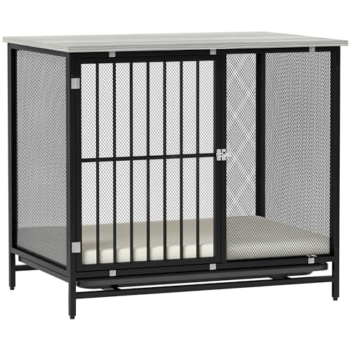 PawHut Hundekäfig für Zuhause, Abschließbar Hundehütte mit Kissen, Hundebox mit Paletten, Hundehaus für mittelgroße Hunde unter 20 kg, Grau, 88 x 55 x 71 cm