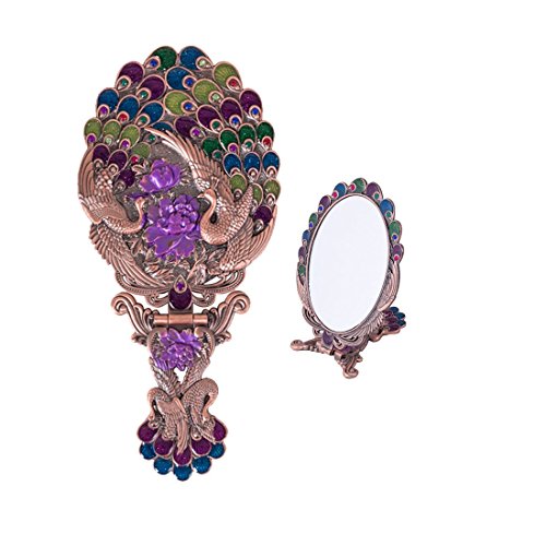 MOIOM Vintage Style Metal Foldable Oval Peacock Flower Pattern Makeup Hand/Table Mirror (Copper Red)