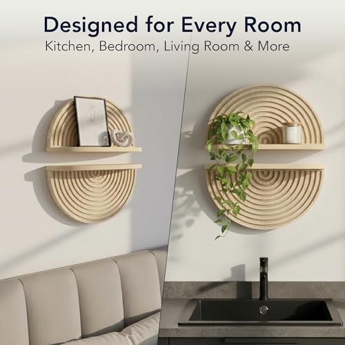 Image of American Art Decor Natural Boho Arched Lunar Ledges Wall Shelf, Wood 2 Piece Floating Bookshelf for Wall, Modular Arch Display Shelf for Bedroom Bathroom Kitchen Living Room Decor, 6.62 inch H x 11.75 inch L