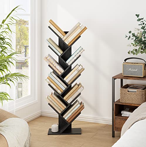 Hoctieon 10 Tier Tree Bookshelf, 10 Shelf Bookcase, Free Standing Tree Bookcase, Display Floor Standing Shelf For Books, Book Organizer Shelves For Home Office, Living Room, Bedroom, Black #TOP1