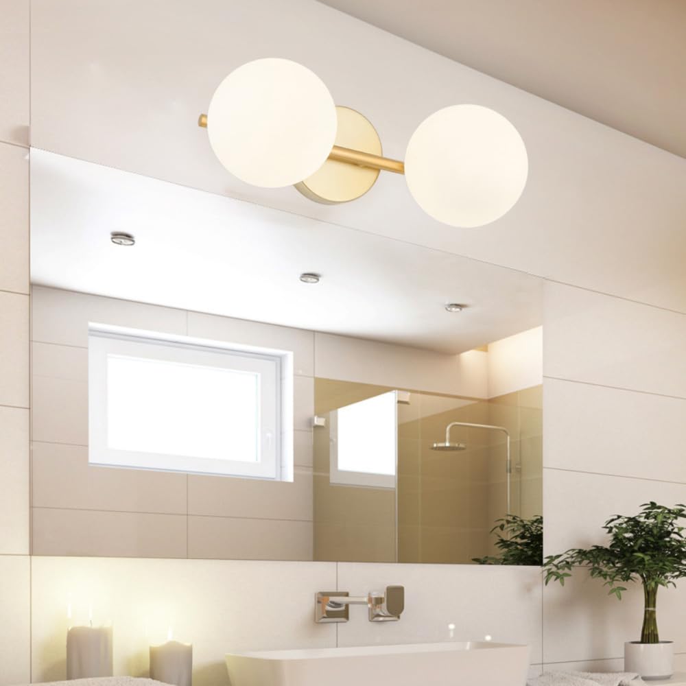 XINYASEE Aplique de baño dorado, lámpara de tocador moderna con pantalla de cristal opalino, adecuada para baño, pasillo, vestíbulo. (Dos cabezas)