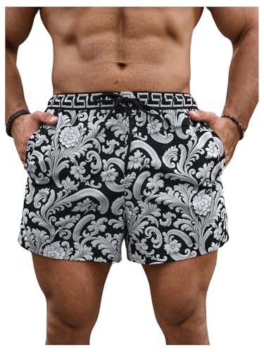 OYOANGLE Men's Boho Paisley Print Drawstring Waist Beach Shorts Summer Swim Trunks with Pocket