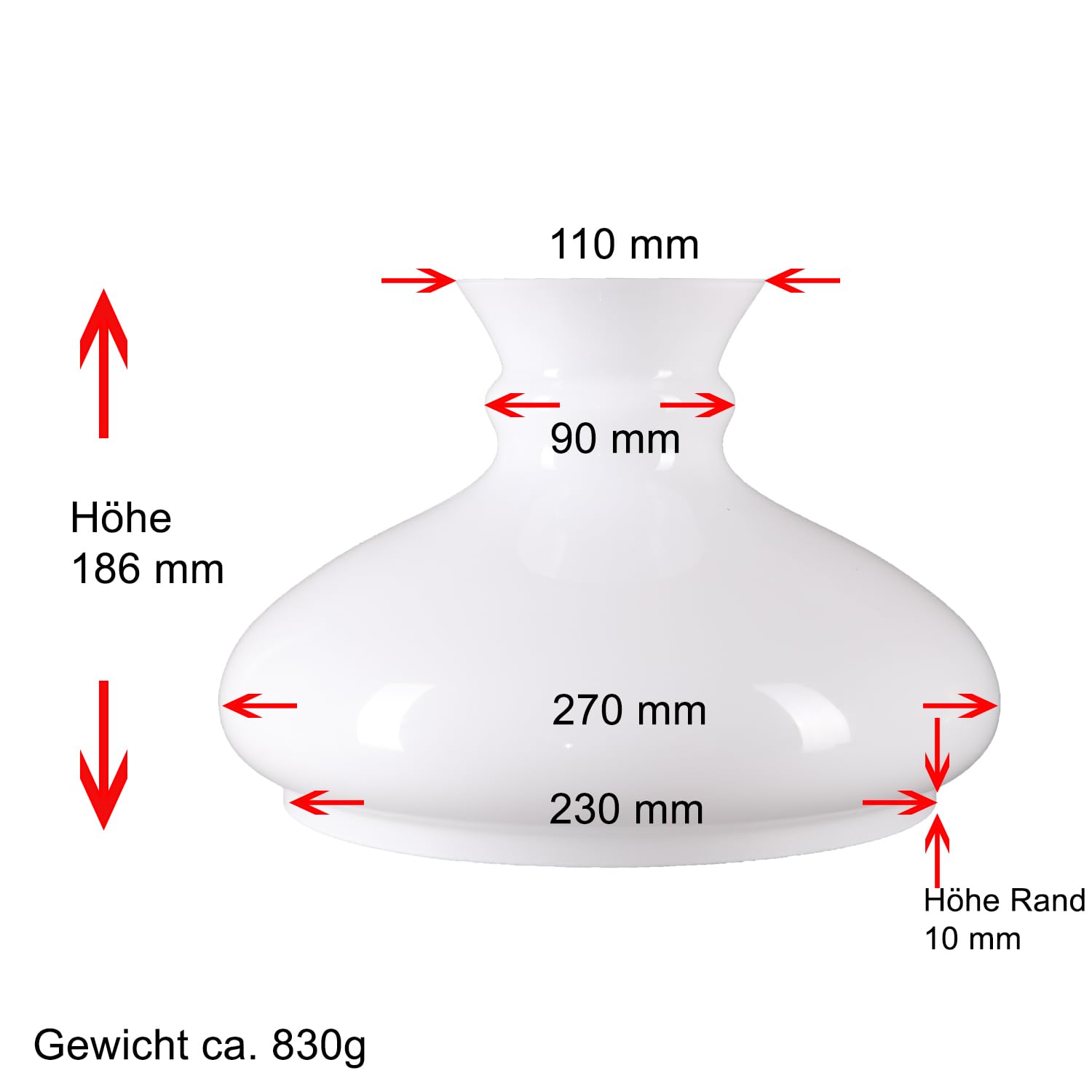 Petroleumglas Lampenglas Ersatzglas opal glänzend Leuchtenglas Ø 230mm,Höhe176mm Weiß