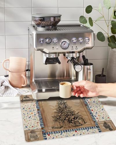 Image of Coffee Mat, Coffee Bar Mat for Countertops Christmas Cardinal Snowman Christmas Tree Gift Box Absorbent Coffee Maker Mat Rubber Backed Dish Drying Mat for Coffee Espresso Machine Coffee Maker 12"x20"