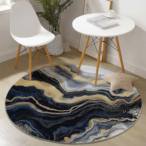 Genérico Alfombra Redonda 90 cm Pelo Corto Abstracto Arte Fluido Acrílico Cuadro Imprimir Alfombra Redonda para Sala de Estar Dormitorio Mesita de Noche, Antideslizante Lavable Alfombras Dorado Negro