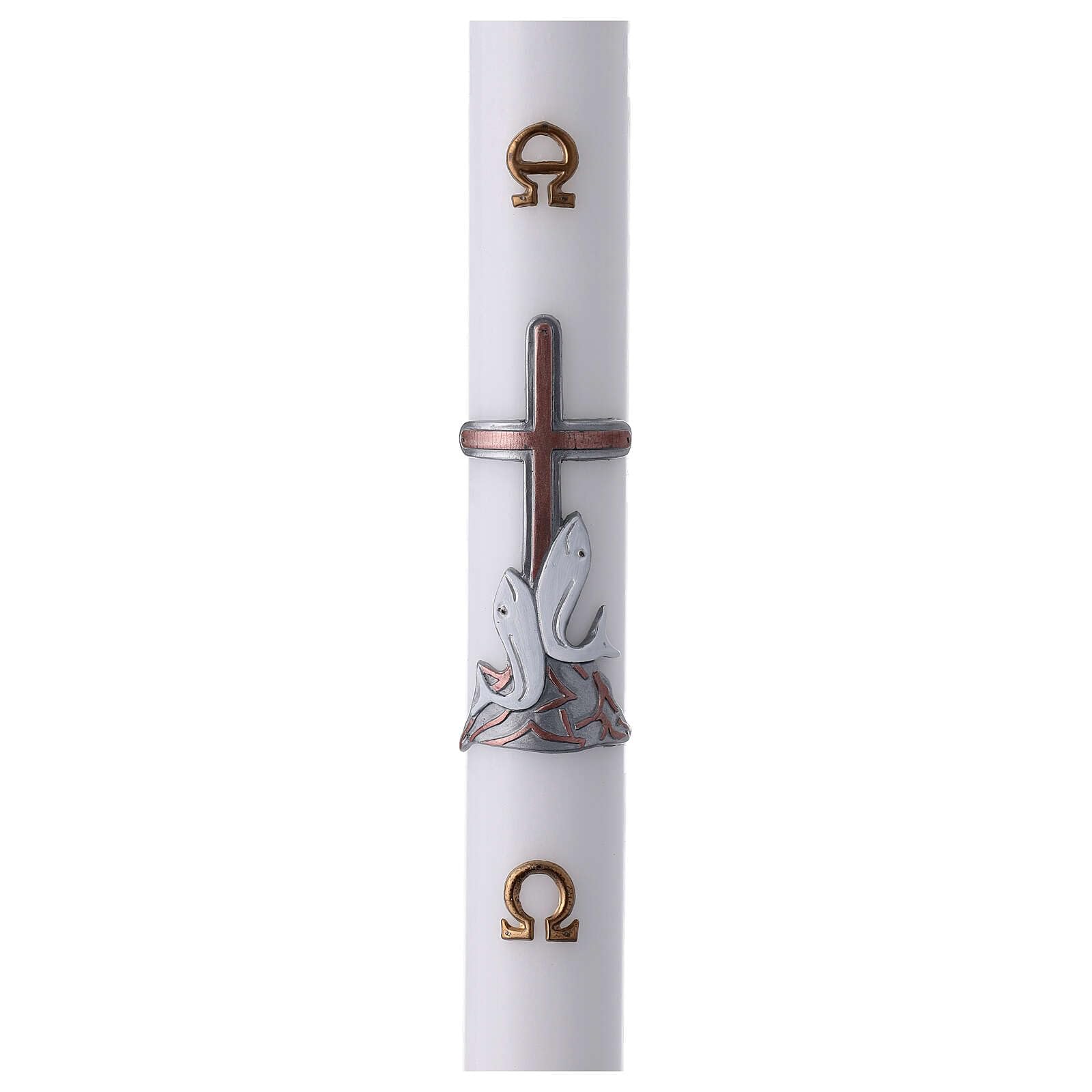White Paschal Candle, Fishes Over Copper Cross, 3x47 in