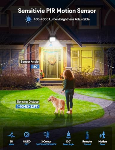 25W Security Lights Outdoor Motion Sensor, 2700LM PIR Sensor Security Light Dimmable 3000K 4000K 6500K, IP66 Waterproof LED Floodlights Outside Light with Remote Control for Garden Backyard Garage - Image 3