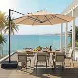 SUPERJARE 9ft Cantilever Umbrella with Base Included, Large Outdoor Umbrellas for Patio, Foot Pedal for 360° Rotation, Durable Metal Ribs, Offset Patio Umbrella, for Pool, Deck, Beige