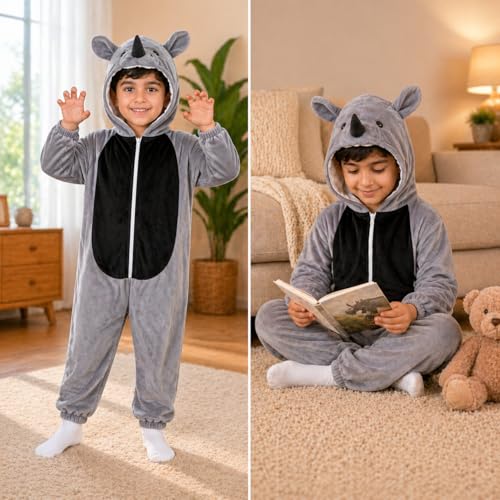 Image of Raj Costume Animal Fancy Dress Costume for Boys & Girls | Hooded Full Body Wildlife Zoo Animal Jumpsuit | Soft Costume for School Function, Fancy Dress, Halloween, Birthday, Cosplay & Role Play