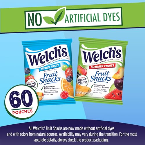 Image of Welch's Fruit Snacks, Mixed Fruit & Summer Fruits Snack Box, Gluten Free, 0.8oz Snack Packs (Pack of 60)