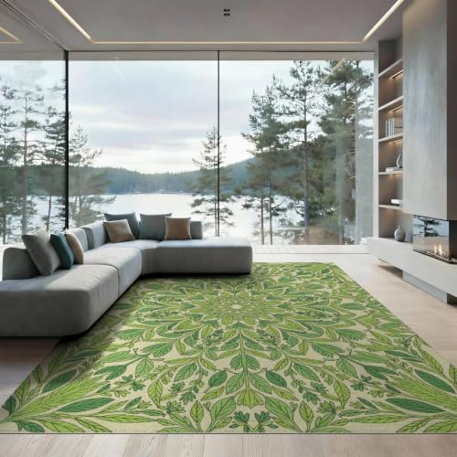 ODIKA 9'x12' Washable Abstract Botanical Oversized Rug, Cream Non-Shedding Pet Friendly Carpet for Master Suite, California King, Under Bed, Foldable Easy Care Mat | Ref:2001465