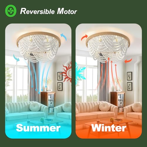 Image of Ceiling Fans with Lights and Remote - Bulbs Included, Caged Fandelier with Handcrafted Beaded Decor 19 inches Reversible Flush Mount Installation Ceiling Fan, White
