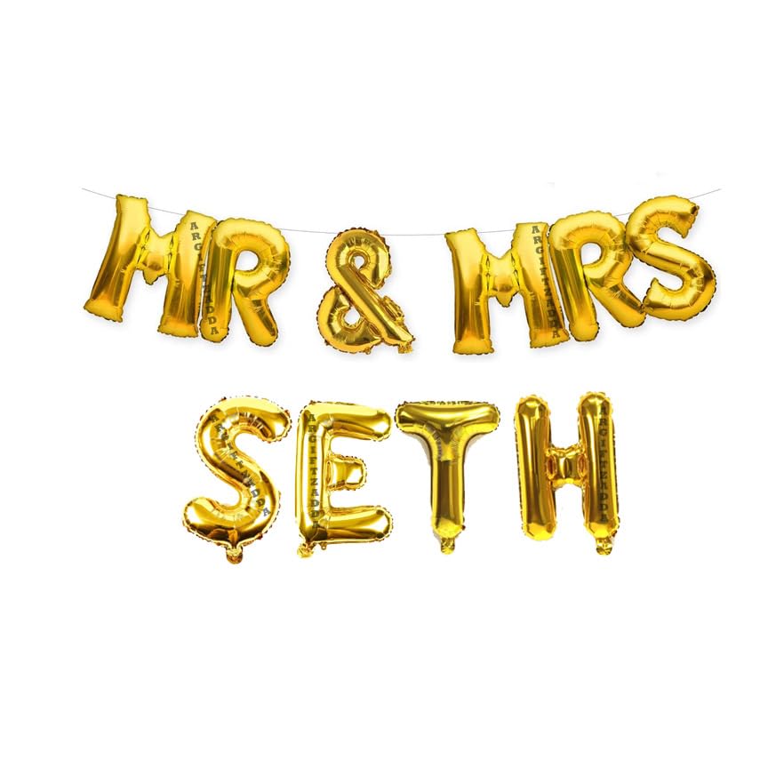 Image of AR GIFTZADDA inchMr and Mrs Seth inch Letter Alphabet Foil Balloon Golden Kit, Welcome Home Theme Party, 25th 50th Anniversary Foil Balloons, Welcome Newly Wed Couple Balloons Decoartion (Mr & Mrs Seth)