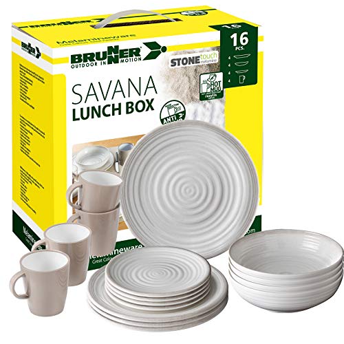 ?Brunner: Melamin-Geschirr Campinggeschirr (Antislip), 4 Personen (16 Teilig), Savana Lunch Box, Grill Und Picknick Cover