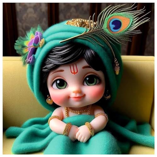 Image of Akki Wold Baby Green Krishna In Green Blanket Wall Poster For Living Room, Office, Pooja Room (Size - 41CM X 41CM)