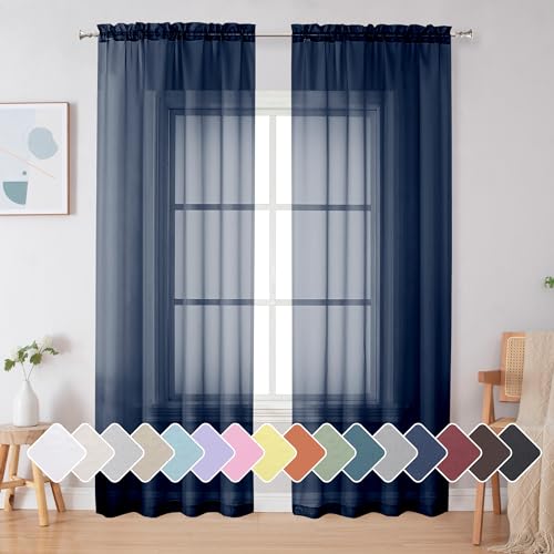 Image of Simplebrand Blue Sheer Curtains 84 Inches Long, Light Filtering Rod Pocket Solid Color Sheer Window Curtain Panels, Elegant Curtains & Drapes for Bedroom 2 Panels (Navy Blue, 42 inch W x 84 inch L)