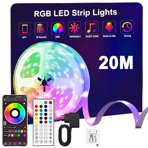 sylvwin Tiras LED 20m,Tiras de Luces LED 20m RGB con Sincronización Musical,Aplicación Bluetooth y 44 Botones Control Remoto para Sala de Estar/Cocina,Decoración de Dormitorio,Fiesta, Bar,TV