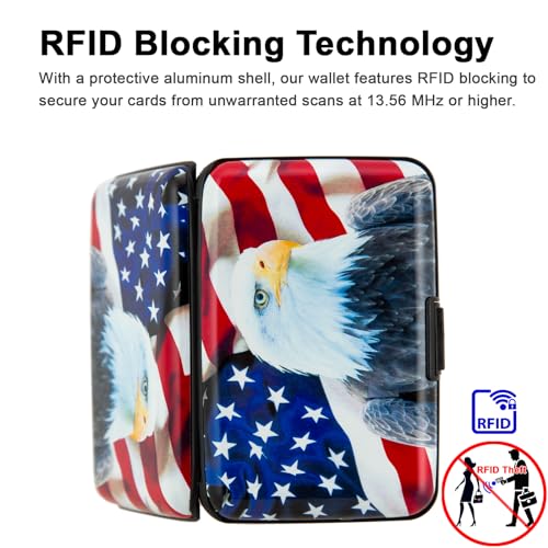 Image of Credit Card Holder Small RFID Blocking Wallet Business Metal Slim Mini Aluminum Hard Case for Women Men Gift, Bald Eagle American Flag, small, Minimalist, Compact, American