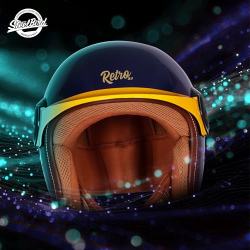 Image of Steelbird SBH 65 Retro 3.0 DOT and ISI Certified Open Face Helmet for Men and Women (X-Large 620 MM,Glossy Navy Blue with Yellow Peak)