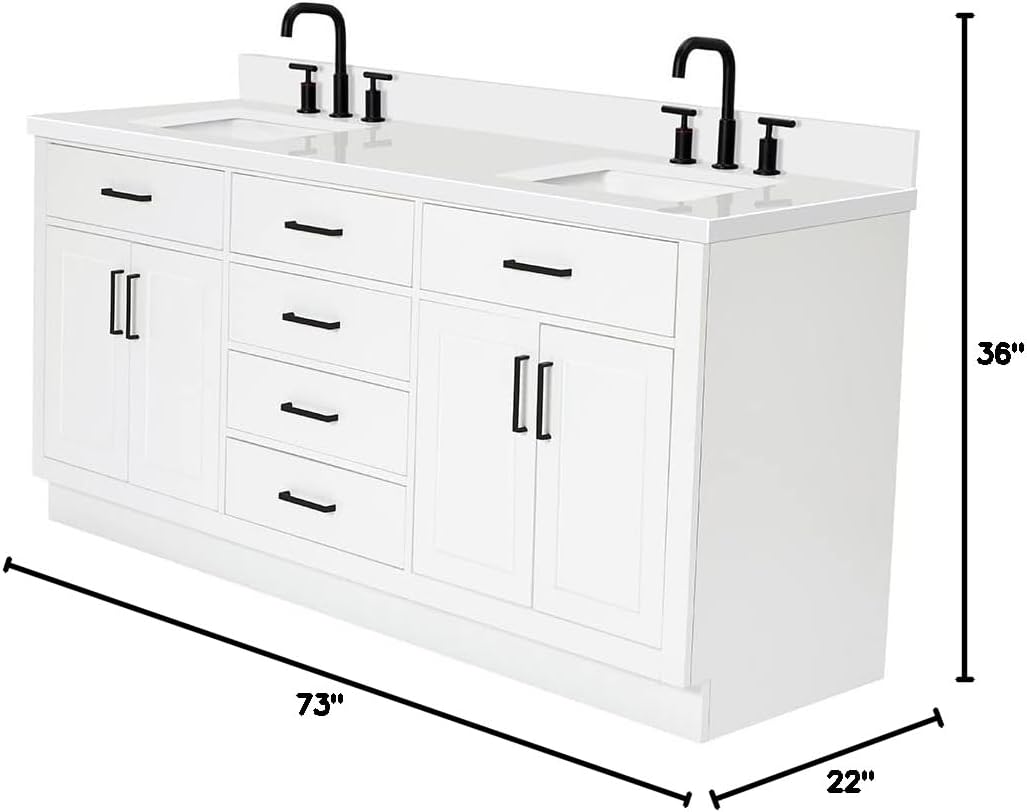 ARIEL Hepburn 73" Inch Double Rectangle Sink Vanity with 1.5" Edge Pure White Quartz Countertop in White