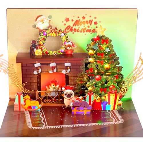 Cartão suspenso de Natal com música e luz, 3D para lareira, cartão de Natal, chama soprada, com envelope para meninos, meninas, mulheres, homens, presente de Natal