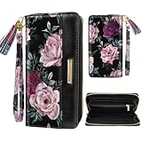 Coco Rossi Wallet Women RFID Blocking PU Leather Credit Card Holder Organizer Zipper Around Long Cash Slot Wallets Ladies Clutch with Tassel Wristlet Wrist Strap, Dark Roses