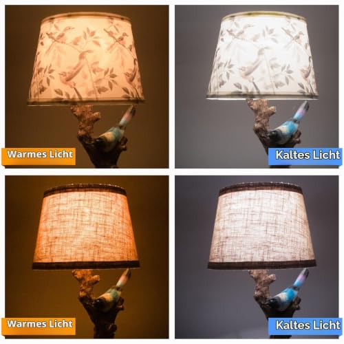 FIRVRE Tischlampe Landhausstil E27 mit Schalter, Vintage Nachttischlampe mit Kabel, Schreibtischlampe Aesthetic Lampenschirm mit Blumen- und Vogelmotiv und Ersatzschirm aus Leinen – Bild 4