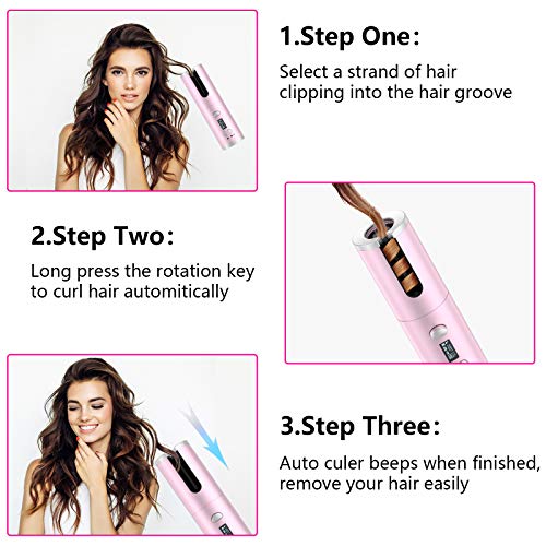 Automatic Curling Iron, Cordless Hair Curling Wand, Intelligent Anti-tangle Hair Curler with Anti-static Infrared & Ionic, MCH Fast Heating & Salon High Heat 390 ℉ with 6 Temp, Rechargeable & Portable - Thumbnail 3